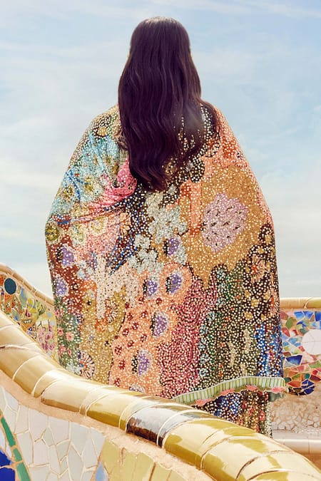 Shop_Aisha Rao_Multi Color Georgette Sequins V-neck Trencadis Pattern And Work Saree With Blouse _at_Aza_Fashions