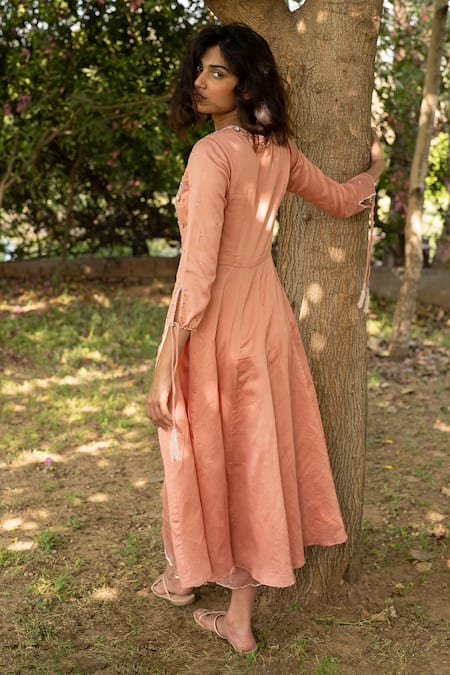 Shop_Zoon_Coral , Cotton, Organza Sequins, Embellished Yoke Anarkali Pant Set _at_Aza_Fashions