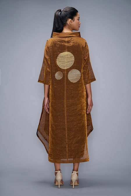 Shop Taika By Poonam Bhagat Brown Chanderi, Tissue Embroidery Collared Polkas Midi Dress at Aza Fashions Shop_Taika By Poonam Bhagat_Brown Chanderi, Tissue Embroidery Collared Polkas Midi Dress _at_Aza_Fashions