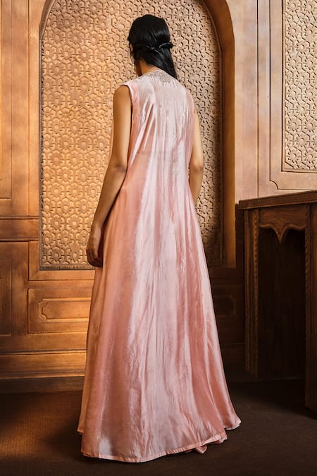 Shop Aneesh Agarwaal Pink Silk Organza, Linen Sequins, Beads Placket Embroidered Cape Sharara Set at Aza Fashions Shop_Aneesh Agarwaal_Pink Silk Organza, Linen Sequins, Beads Placket Embroidered Cape Sharara Set _at_Aza_Fashions