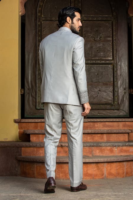 Shop Nitika Gujral Grey Wool Full Sleeve Zardozi Embroidered Bandhgala Set at Aza Fashions Shop_Nitika Gujral_Grey Wool Full Sleeve Zardozi Embroidered Bandhgala Set _at_Aza_Fashions