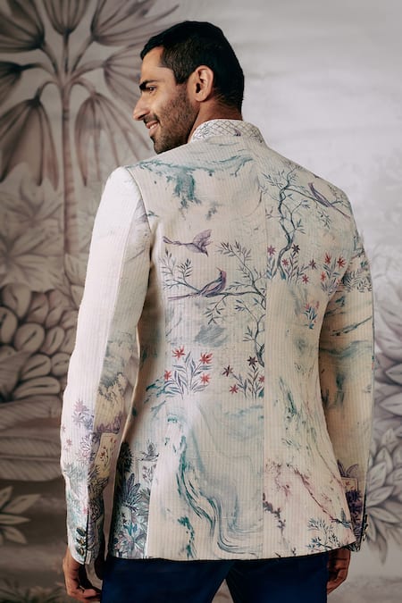 Shop_Philocaly_Multi Color Silk Zari Kaanan Hand Painted Bandhgala _at_Aza_Fashions