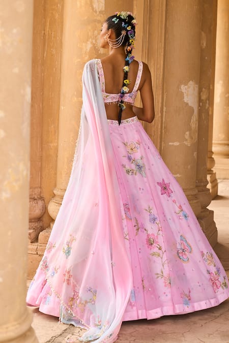 Shop Lashkaraa Pink Velvet, Satin, Chiffon Sequins, Floral Cutdana Embroidered Lehenga Set at Aza Fashions Shop_Lashkaraa_Pink Velvet, Satin, Chiffon Sequins, Floral Cutdana Embroidered Lehenga Set_at_Aza_Fashions