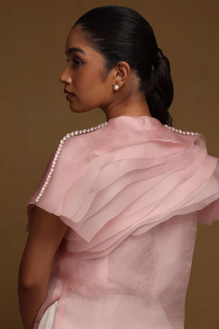 Shop_Shriya Som_Pink Organza Pearls Round Neck Layered Ruffle Panelled Top _at_Aza_Fashions