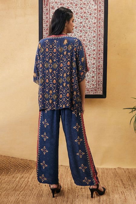 Shop_Soup By Sougat Paul_Blue Crepe Embroidery, Sequins Round Neck Zahra Floral Print Co-ord Set _at_Aza_Fashions