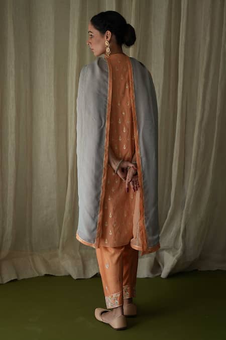 Shop Kanika Sharma Orange Chanderi, Modal, Georgette Pearls, Butti Kurta Peshwa Salwar Set at Aza Fashions Shop_Kanika Sharma_Orange Chanderi, Modal, Georgette Pearls, Butti Kurta Peshwa Salwar Set _at_Aza_Fashions