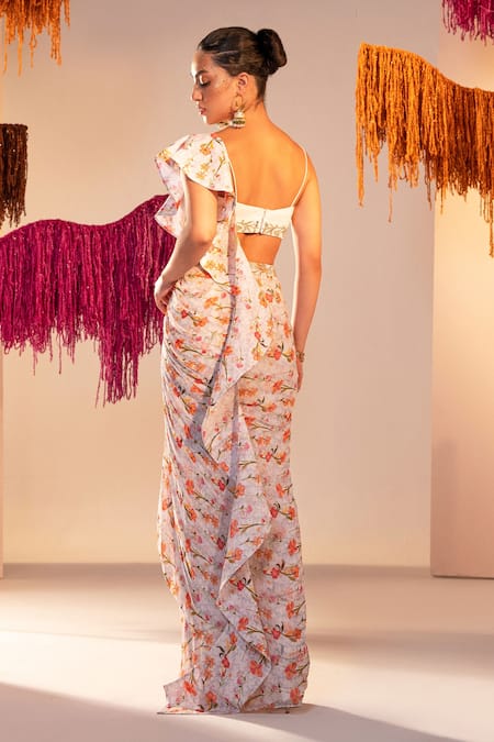 Shop Silky Bindra White Georgette, Silk, Satin Crystals, Sequins, Floral Print Draped Skirt Set at Aza Fashions Shop_Silky Bindra_White Georgette, Silk, Satin Crystals, Sequins, Floral Print Draped Skirt Set _at_Aza_Fashions