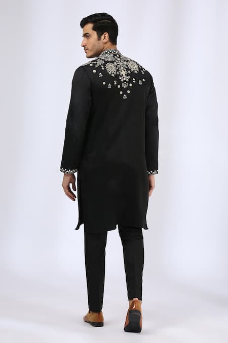 Shop_Neha Gursahani_Black Satin Linen Thread Work Embroidered Kurta Set _at_Aza_Fashions
