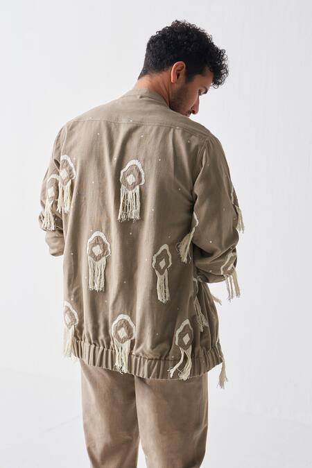 Shop Three Green Handloom Cotton Fringe Handwoven Bomber Jacket at Aza Fashions Shop_Three_Green Handloom Cotton Fringe Handwoven Bomber Jacket_at_Aza_Fashions