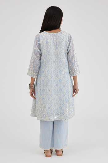 Shop Kora Blue , Satin Embroidery, Gota Hand Block Printed Panelled Kurta Set at Aza Fashions Shop_Kora_Blue , Satin Embroidery, Gota Hand Block Printed Panelled Kurta Set _at_Aza_Fashions