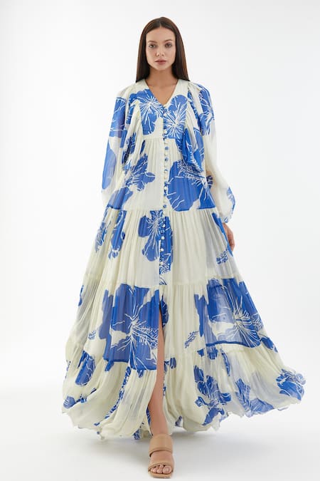 Shop_Koai_Blue Chiffon Floral V Neck Balloon Sleeve Dress _at_Aza_Fashions