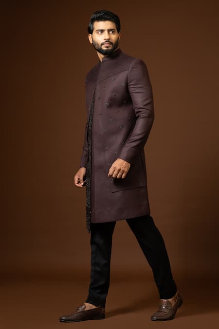 Shop_Paarsh_Wine Terrycloth Embroidery Cut Dana Work Achkan Trouser Set _at_Aza_Fashions