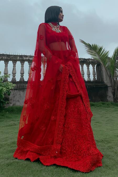 House of Exotique Floral Chikankari Red Lehenga Set 
