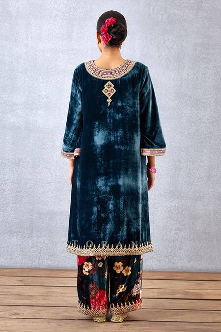 Shop_Torani_Blue Silk Velvet, Cotton Voile And Shabnami Makhmal Paakizah Phiran Kurta Set _at_Aza_Fashions