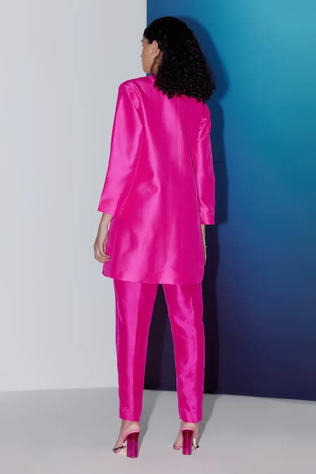 Shop Febo6 Pink Silk Embroidery Round Neck Grapevine Jacket And Pant Set at Aza Fashions Shop_Febo6_Pink Silk Embroidery Round Neck Grapevine Jacket And Pant Set _at_Aza_Fashions