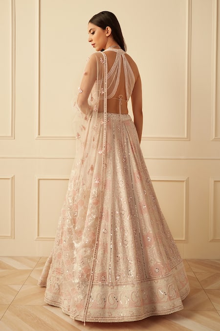 Shop Sawan Gandhi Ivory Georgette Embellished Sequins Sweetheart Neck Paisley Bridal Lehenga Set at Aza Fashions Shop_Sawan Gandhi_Ivory Georgette Embellished Sequins Sweetheart Neck Paisley Bridal Lehenga Set_at_Aza_Fashions