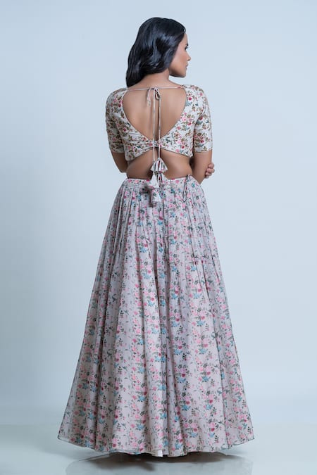 Shop Nautanky Ivory Blouse- Viscose Silk, Lehenga And Dupatta- Organza Floral Print Pleated Set at Aza Fashions Shop_Nautanky_Ivory Blouse- Viscose Silk, Lehenga And Dupatta- Organza Floral Print Pleated Set _at_Aza_Fashions