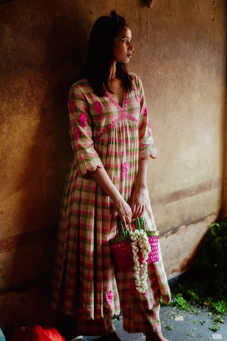 Label Earthen Multi Color , Handloom Checkered Pattern Anarkali And Pant Set Online at Aza Fashions Label Earthen_Multi Color , Handloom Checkered Pattern Anarkali And Pant Set _Online_at_Aza_Fashions