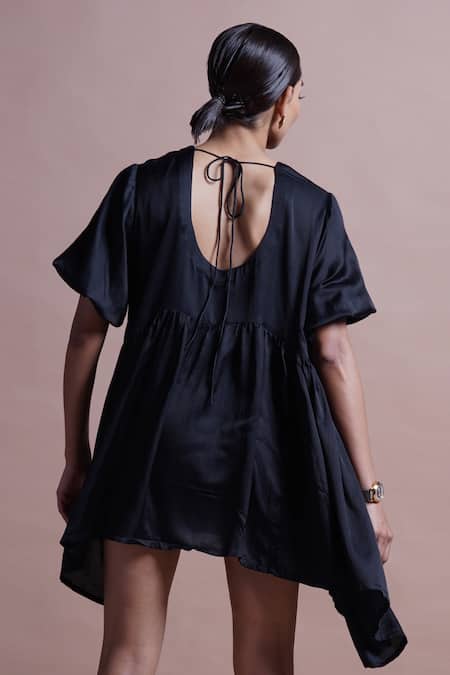 Shop_Ekastories_Black Cotton Embroidery Round Neck Giant Granadilla Billowy Waist Hem Dress _at_Aza_Fashions