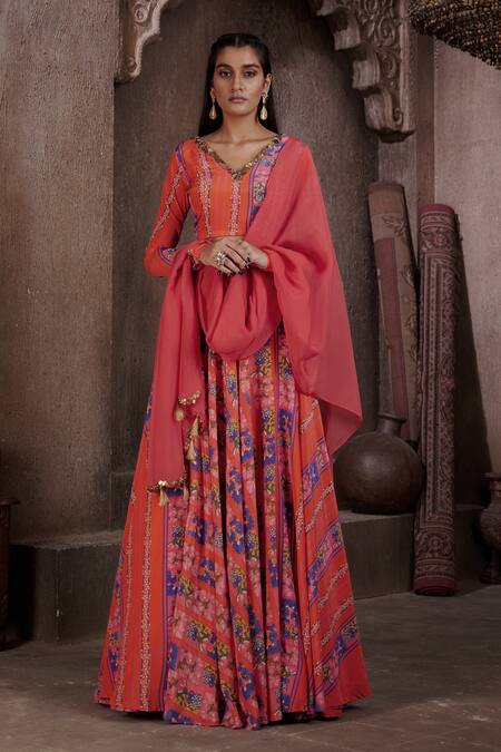 Shop_Affroz_Coral Viscose Crepe Printed V Neck Hand Embroidered Flared Lehenga Set _at_Aza_Fashions