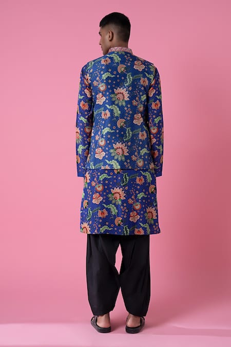 Shop Siddhartha Bansal Blue Cotton Dobby Stripe Printed Wild Flower Kurta Set at Aza Fashions Shop_Siddhartha Bansal_Blue Cotton Dobby Stripe Printed Wild Flower Kurta Set _at_Aza_Fashions