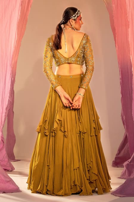 Shop Silky Bindra Green Georgette, Net, Silk, Chiffon Frilled Lehenga And Floral Blouse Set at Aza Fashions Shop_Silky Bindra_Green Georgette, Net, Silk, Chiffon Frilled Lehenga And Floral Blouse Set _at_Aza_Fashions