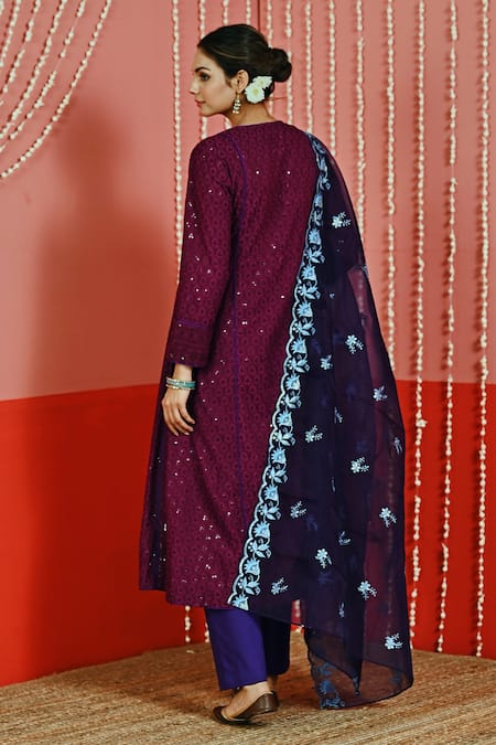 Shop Myaara Purple Cotton, Organza Embroidery, Sequins Collared Kurta Set at Aza Fashions Shop_Myaara_Purple Cotton, Organza Embroidery, Sequins Collared Kurta Set _at_Aza_Fashions