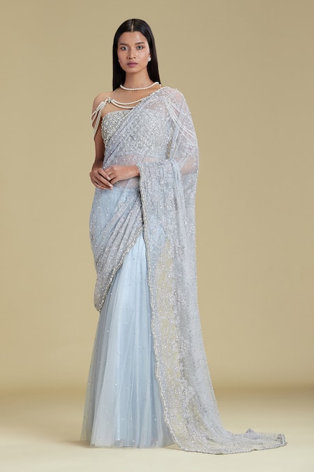 Buy Cherie D Blue Silk, Tulle, Satin Halter Neck Embellished Lehenga Saree Online at Aza Fashions Buy_Cherie D_Blue Silk, Tulle, Satin Halter Neck Embellished Lehenga Saree _Online_at_Aza_Fashions