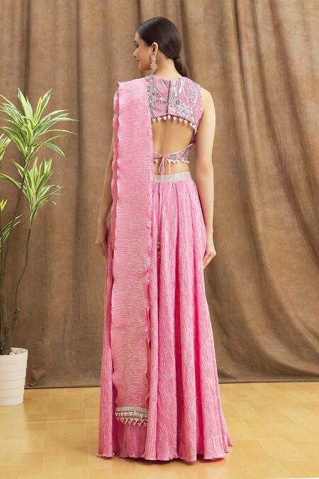 Shop Samyukta Singhania Pink Silk, Net Pearls, Sequins Textured Lehenga With Embroidered Blouse at Aza Fashions Shop_Samyukta Singhania_Pink Silk, Net Pearls, Sequins Textured Lehenga With Embroidered Blouse_at_Aza_Fashions