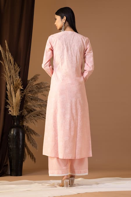 Shop Abbaran Pink , Satin Sequins, Lace V-neck Floral Pattern Kurta Palazzo Set at Aza Fashions Shop_Abbaran_Pink , Satin Sequins, Lace V-neck Floral Pattern Kurta Palazzo Set _at_Aza_Fashions