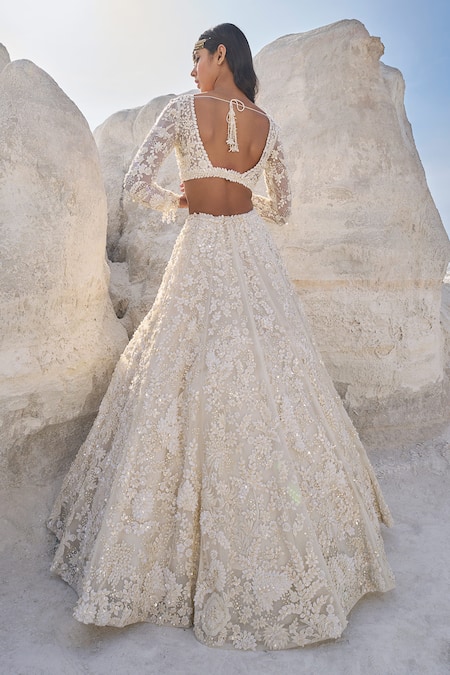 Shop_Seema Gujral_Cream Net Embroidery Fabric Sweetheart 3d Floral Bridal Lehenga Set  _at_Aza_Fashions
