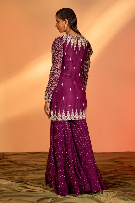 Shop_J By Jannat_Purple Silk Hand Embroidered Floral Round Kurta Sharara Set _at_Aza_Fashions