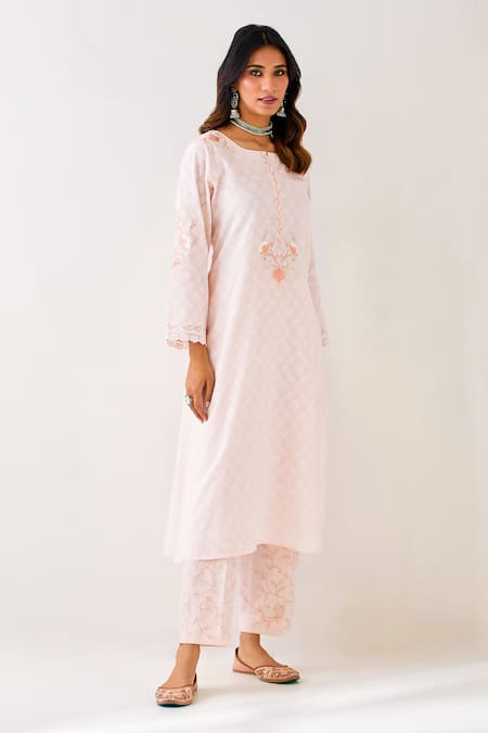 Shop_Anantaa By Roohi_Pink Cotton Embroidery Flower Vine Hem Palazzo _at_Aza_Fashions