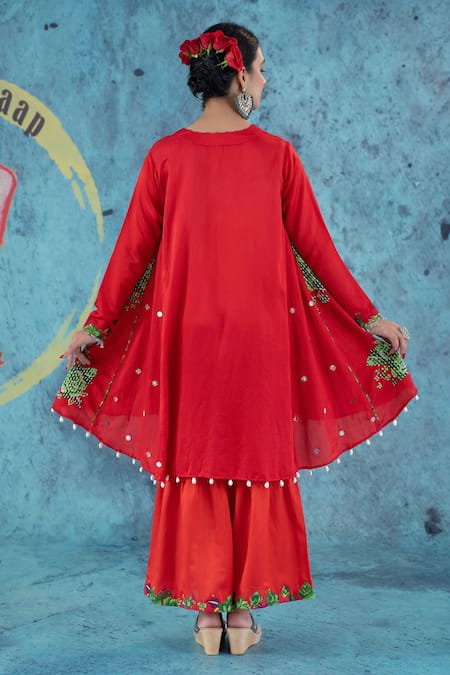 Shop Kacha Tanka Red Cotton Satin Applique Floral Round Neck Asymmetric Kurta Sharara Set at Aza Fashions Shop_Kacha Tanka_Red Cotton Satin Applique Floral Round Neck Asymmetric Kurta Sharara Set _at_Aza_Fashions