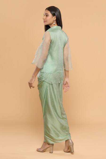 Shop Mayu Kothari Green Organza, Satin Embroidery Collared Rose Hand Shirt at Aza Fashions Shop_Mayu Kothari_Green Organza, Satin Embroidery Collared Rose Hand Shirt_at_Aza_Fashions