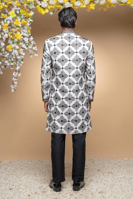 Shop Sanjev Marwaaha Ivory Cotton, Silk Crystals, Embroidery Geometric Bandhgala Set at Aza Fashions Shop_Sanjev Marwaaha_Ivory Cotton, Silk Crystals, Embroidery Geometric Bandhgala Set_at_Aza_Fashions