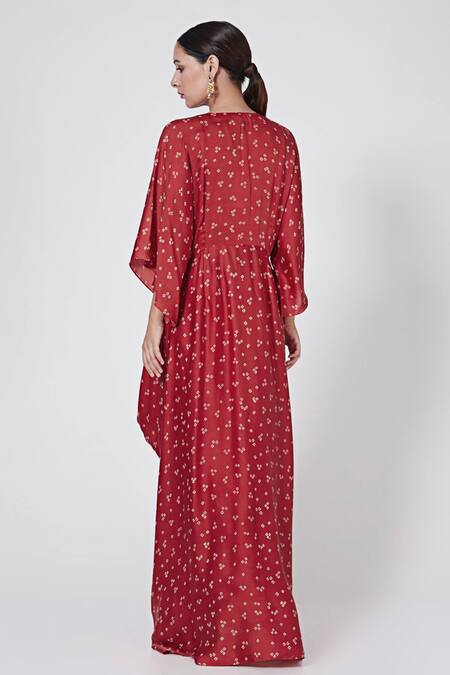 Shop Ruchira Nangalia Red Modal V-neck Bandhani Print Cowl Dress at Aza Fashions Shop_Ruchira Nangalia_Red Modal V-neck Bandhani Print Cowl Dress_at_Aza_Fashions
