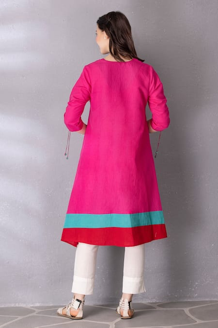 Shop_Tanu Malhotra_Pink Cotton, Linen Embroidery V-neck High Low Tunic With Pant _at_Aza_Fashions