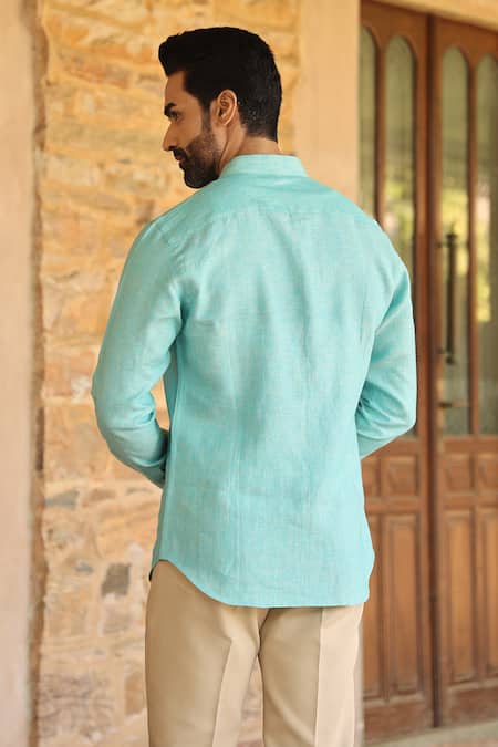 Shop_Raw & Rustic By Niti Bothra_Green Linen Embroidery Solid Handcrafted Straight Shirt _at_Aza_Fashions