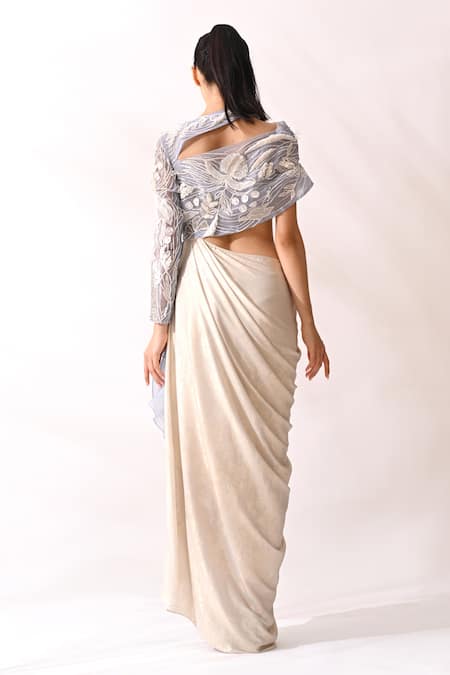Shop PIRI INDIA Ivory Organza, Silk Embroidery High Neck Hand And Draped Cowl Gown at Aza Fashions Shop_PIRI INDIA_Ivory Organza, Silk Embroidery High Neck Hand And Draped Cowl Gown _at_Aza_Fashions