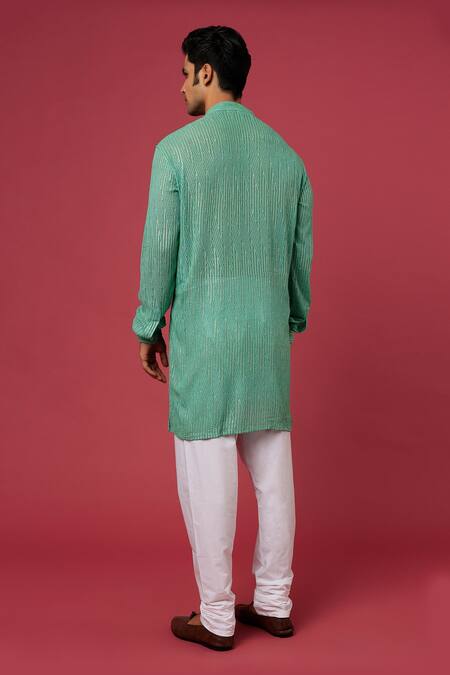 Shop_Spring Break_Green Polyester Cotton Sequins Cuff Sleeved Embroidered Kurta Set _at_Aza_Fashions