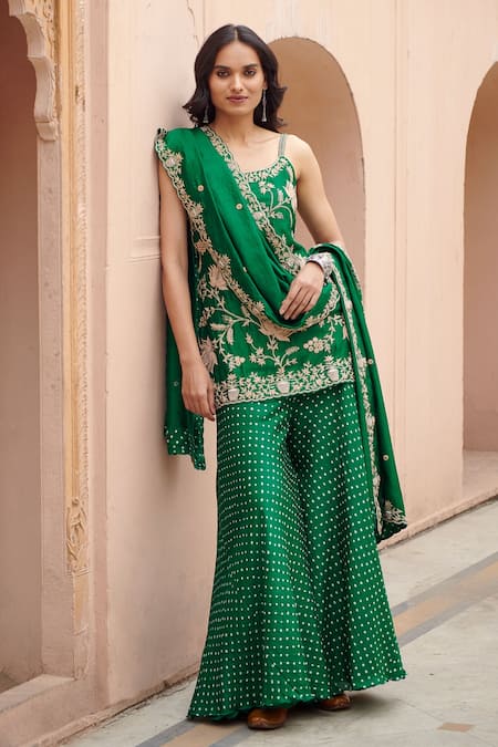 Shop_Pink City By Sarika_Emerald Green , Organza, Chanderi Lotus Kurta Set With Dupatta _at_Aza_Fashions