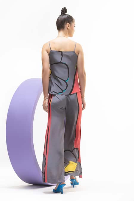 Shop_Nautanky_Grey Natural Crepe Printed Artistic Cowl Neck Camy Top And Slit Pant Set _at_Aza_Fashions