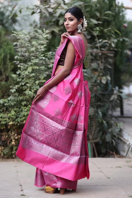 Shop_Naaritva India_Pink Chiffon, Chanderi Handwoven Saree With Running Blouse _at_Aza_Fashions