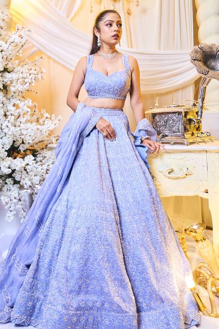Shop Varun Chakkilam Blue Silk Organza Sequins, Beads V-neck Glass Embroidered Lehenga Set at Aza Fashions Shop_Varun Chakkilam_Blue Silk Organza Sequins, Beads V-neck Glass Embroidered Lehenga Set _at_Aza_Fashions