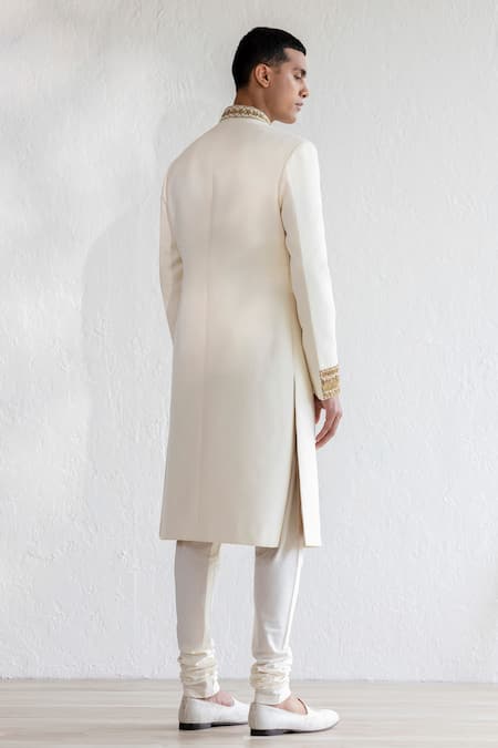 Shop Qbik Ivory Tussar, Cotton Satin, Mohair Nabi Sherwani Set With Border Stole at Aza Fashions Shop_Qbik_Ivory Tussar, Cotton Satin, Mohair Nabi Sherwani Set With Border Stole_at_Aza_Fashions