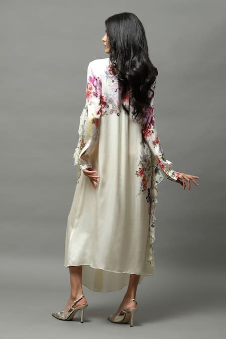 Shop AK-OK Ivory Satin, Silk Tassels, Ruffles Collared Floral Print Shirt Dress at Aza Fashions Shop_AK-OK_Ivory Satin, Silk Tassels, Ruffles Collared Floral Print Shirt Dress _at_Aza_Fashions