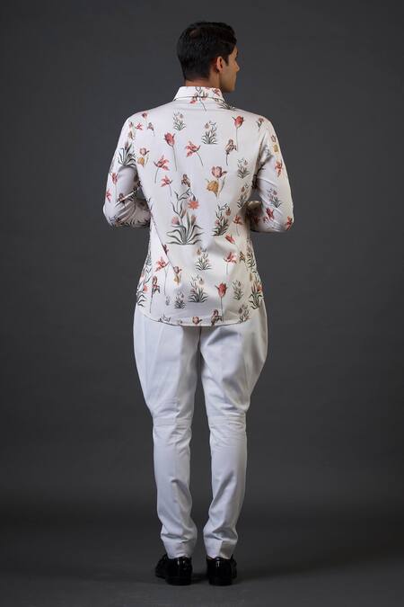 Shop_Balance By Rohit Bal_Ivory Poplin, Satin Embroidery Botanic Print Fitted Shirt _at_Aza_Fashions