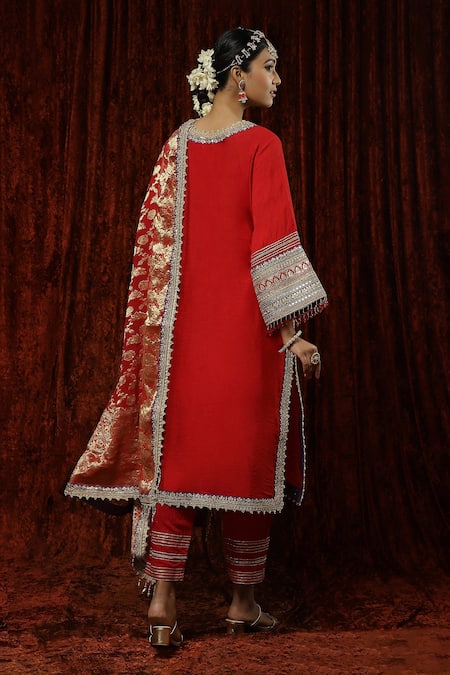 Shop Shikhar Sharma Red Silk, Georgette, Chanderi Pearls, Gota Patti, Embroidered Kurta Pant Set at Aza Fashions Shop_Shikhar Sharma_Red Silk, Georgette, Chanderi Pearls, Gota Patti, Embroidered Kurta Pant Set _at_Aza_Fashions