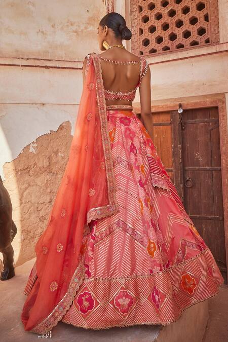 Shop_Aditi Gupta_Coral Banarasi Chanderi Woven And Embroidered Mughal Garden Bridal Lehenga Set_at_Aza_Fashions